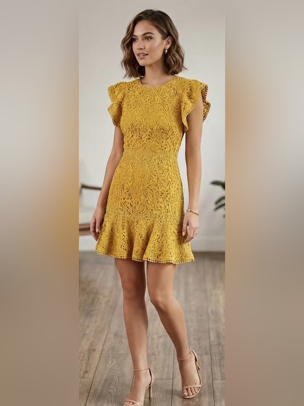 The Clothing Company Mustard Yellow Guipure Lace Ruffle Mini Dress M